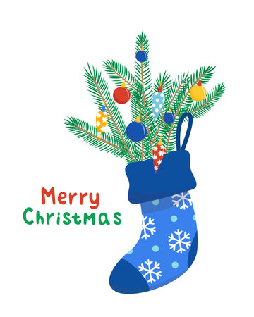 Christmas bouquet with fir tree branches with ornaments in sock. Blue stocking. Merry Christmas cardのイラスト素材