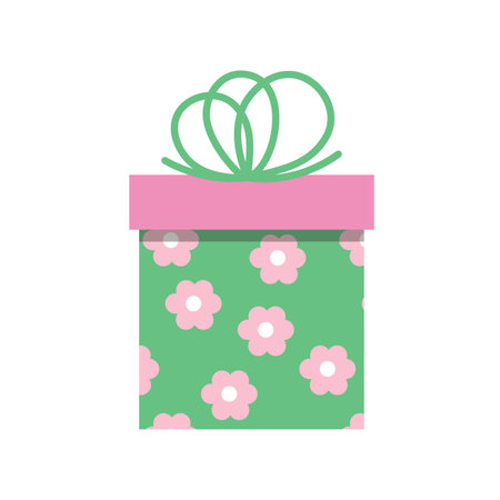 Gift green box with pink flowers. Green present box with pink flowers, bow. Flat, cartoon, vectorのイラスト素材
