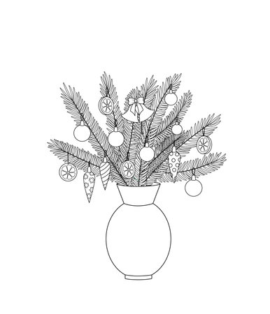 Coloring page. Vase with fir tree branches and ornaments. Black and white Chrismas bouquet.のイラスト素材