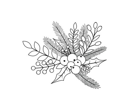 Christmas bouquet coloring book. Black and white bouquet of berries, fir tree, leaves. Vectorのイラスト素材