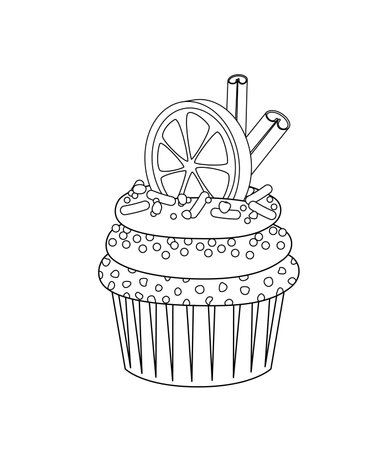 Delicious dessert coloring page. Black and white cupcake with orange and cinnamon. Vectorのイラスト素材
