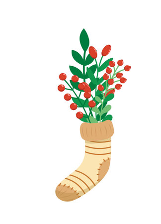 Bouquet of red berries in wool sock. Christmas sock. Flat, cartoon, vectorのイラスト素材