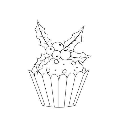 Christmas cupcake coloring page. Black and white cupcake, berries, ilex. Vectorのイラスト素材