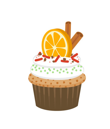 Cupcake with cream, orange, cinnamon. Cute Christmas dessert. Flat, cartoon, vectorのイラスト素材