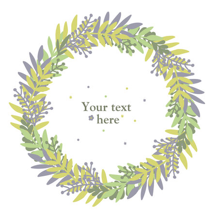 Wreath of leaves. Scandinavian doodle spring or summer wreath with leaves and branches. Isolatedのイラスト素材