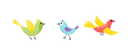 Bird colorful set. Flying bird. Little bird, nestling, chick. Spring, easter. Flat, cartoon, isolatedのイラスト素材