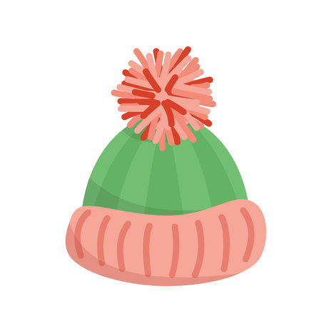 Winter hat. Warm cap with pompon for girl. Pink, green. Flat, cartoon, vectorのイラスト素材