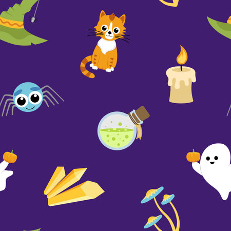 Pattern with Halloween elements. Seamless background. Cartoon, flat, vectorのイラスト素材