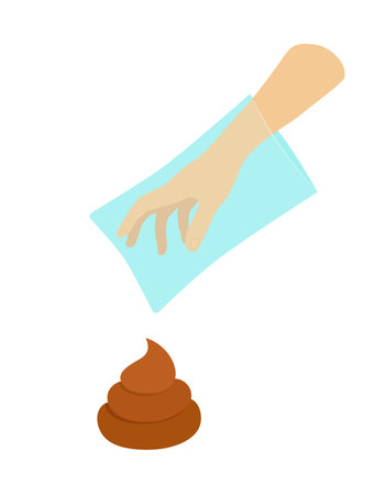 Hand in packet or poop bag is taking poop. Poo. Flat, cartoon, vectorのイラスト素材