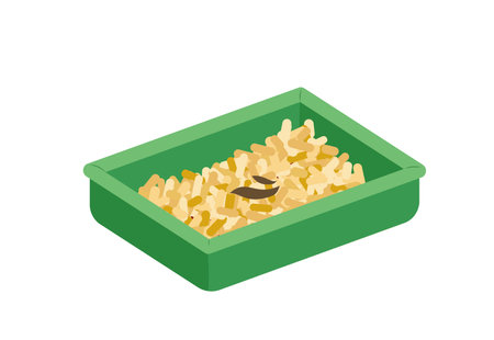Cat poop on filler in litter box. Green litter box. Flat, cartoon, vectorのイラスト素材
