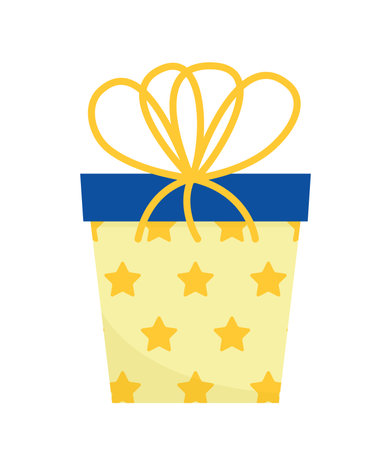 Birthday present with yellow stars. Gift box with big bow. Flat, cartoon, vectorのイラスト素材