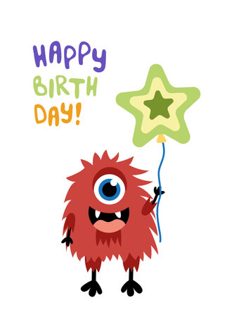 Monster. Happy Birthday. Red monocular monster with balloon. Flat, cartoon, vectorのイラスト素材