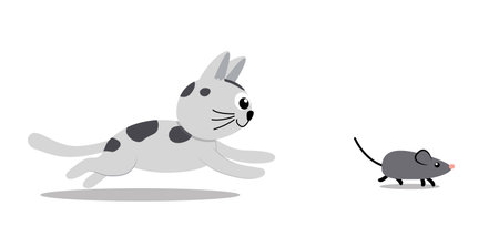 Grey kitty chases a mouse. Cat, kitten runs a mouse. Flat, cartoon, vectorのイラスト素材