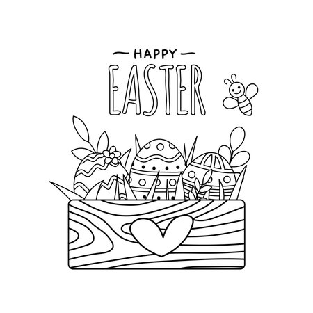 Wooden box with Easter eggs. Coloring page. Black and white eggs. Vectorのイラスト素材