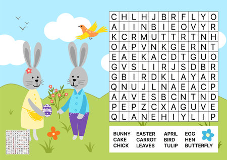 Easter word search game puzzle for kids. English words. Cartoon, vectorのイラスト素材