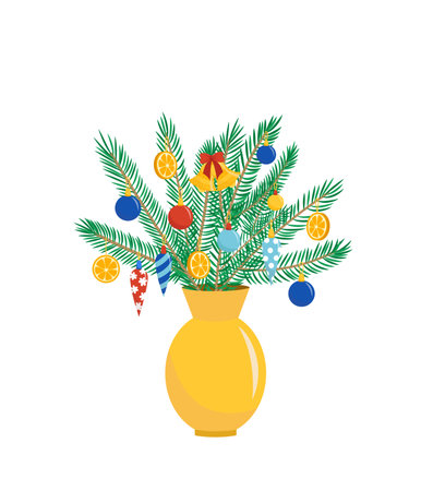Vase with bouquet of fir tree branches and ornaments. Yellow golden vase. Christmas. Vectorのイラスト素材