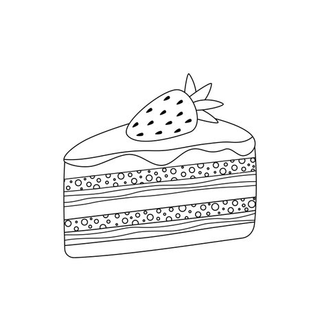 Piece of cake with strawberry. Coloring page. Black and white cake. Vectorのイラスト素材