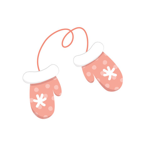 Mittens. Pair of warm pink mittens with snowflakes. Flat, cartoon, vectorのイラスト素材