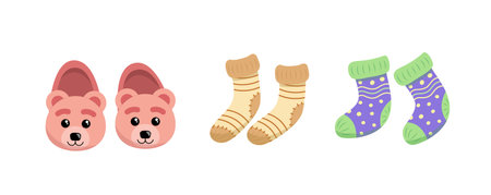 Set of warm socks and slippers. Bear slippers. Flat, cartoon, vectorのイラスト素材