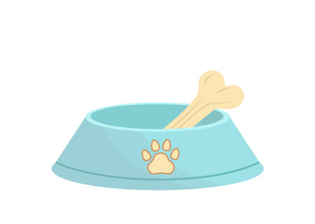 Dog bowl with bone. Blue dog bowl with pic of paw print. Cartoon, flat, vectorのイラスト素材