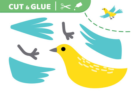 Blue yellow bird. Cut and glue. Flying bird. Applique. Paper game. Vectorのイラスト素材