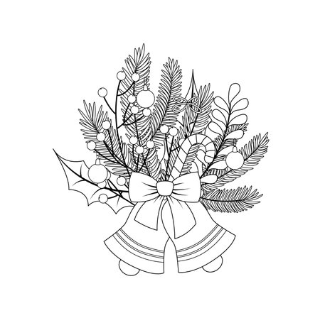 Christmas composition coloring book. Black and white bells, fir tree, leaves, bow. Vectorのイラスト素材