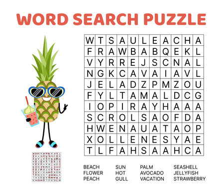 Summer word search game puzzle for kids. Vacation, beach, sea. English words. Cartoon, vectorのイラスト素材