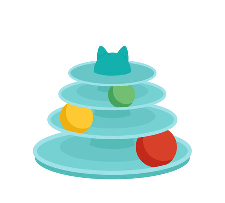 Cat toy. Tree level tower with balls. Tracks. Flat, cartoon, vectorのイラスト素材