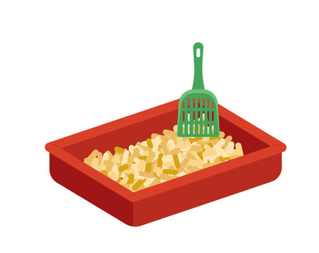 Litter box with filler for cat toilet with scoop. Cartoon, flat, vectorのイラスト素材