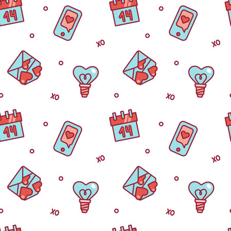 Valentine day wrapping paper. Seamless pattern with envelope, heart, bulb, calendar. Vectorのイラスト素材