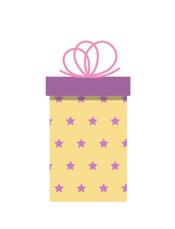 Gift box with stars. Yellow present box with purple stars and pink bow. Flat, cartoon, vectorのイラスト素材