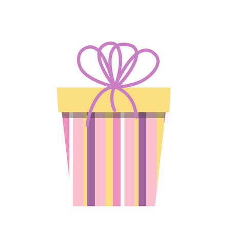 Gift box. Striped pink yellow purple present box with purple bow. Flat, cartoon, vectorのイラスト素材