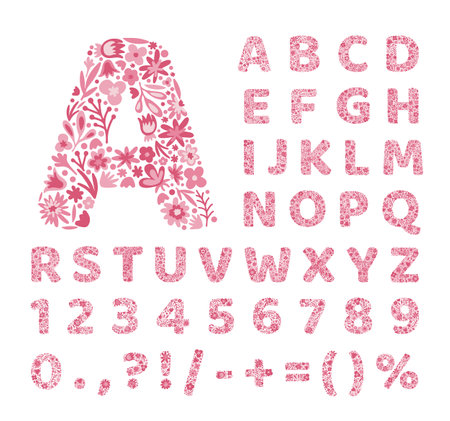 Floral alphabet. Letters of pink flowers. Floral font. Doodle. Vectorのイラスト素材