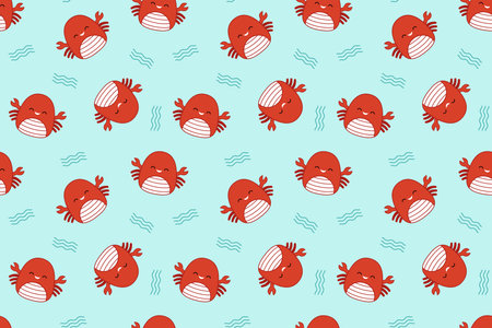 Blue pattern with cute crabs. Squishmallow. Background with crabs.のイラスト素材