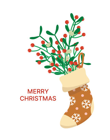 Christmas stocking with bouquet. Berries, leaves. Sock. Flat, cartoon, vectorのイラスト素材