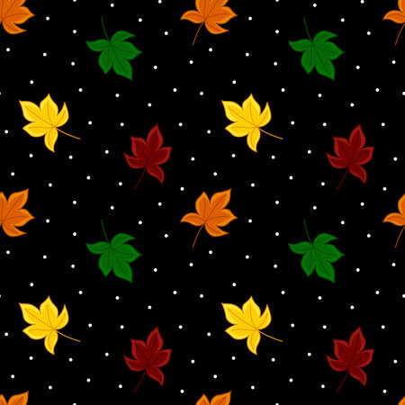 Leaves of maple on seamless pattern on black background. Cartoon, Vectorのイラスト素材