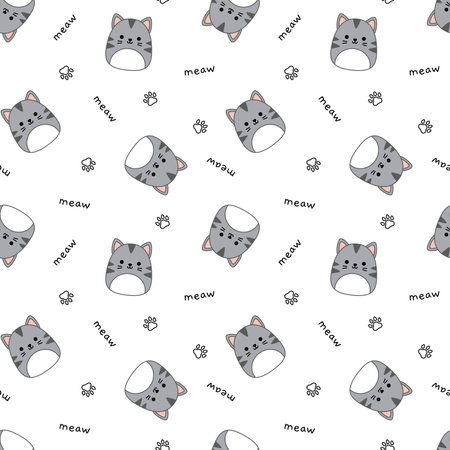 White seamless pattern with grey kitties. Squishmallow. Grey kitties.のイラスト素材