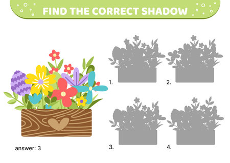 Wooden box with bloom flowers. Find the correct shadow. Shadow matching game. Cartoon, vectorのイラスト素材