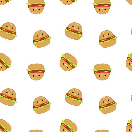 Seamless pattern with burgers. Squishmallow. Funny cheeseburger.のイラスト素材