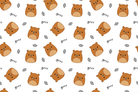 Bears and grrr on seamless pattern. Squishmallow. Background with cow. Kawaii, vectorのイラスト素材