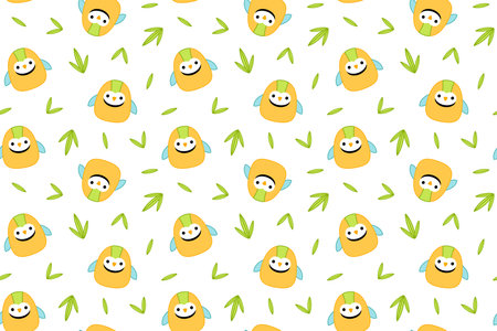 Yellow parrots and leaves on seamless pattern. Squishmallow. Background with parrot. Kawaii, vectorのイラスト素材