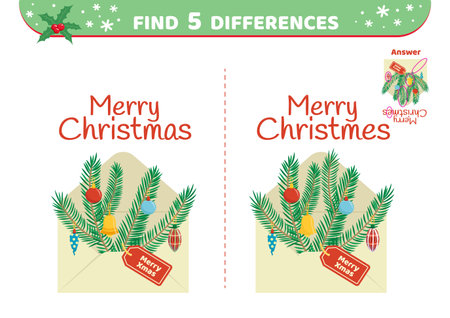 Letter for Santa. Envelope. Find 5 differences. Game. Flat, cartoon, vectorのイラスト素材