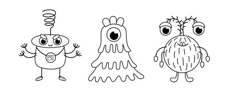 Angry aliens and space ufo. Coloring page. Black and white monsters. Vectorのイラスト素材