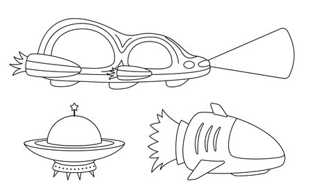 Interstellar space ship. Coloring page. Black and white cosmic ship. Vectorのイラスト素材