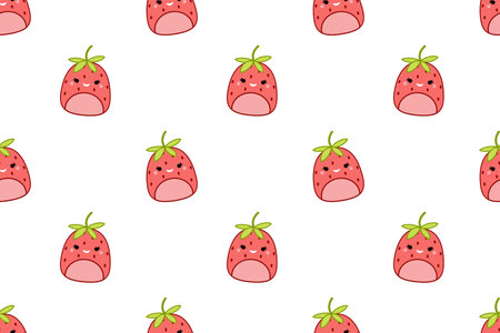 White seamless pattern with kawaii strawberries. Squishmallow. Strawberry. Kawaii, Vectorのイラスト素材
