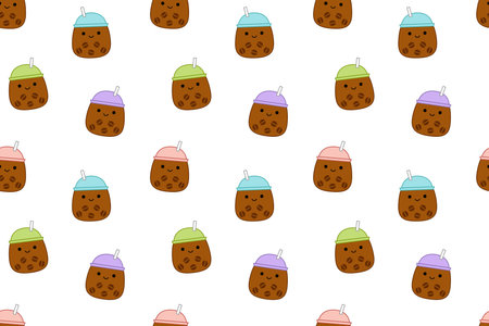Coffee in colorful glasses on seamless pattern. Squishmallow. Coffee. Kawaii, Vectorのイラスト素材