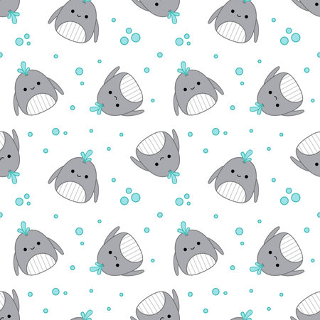 Whales and bubbles on seamless pattern. Squishmallow. Blue whale. Kawaii, vectorのイラスト素材