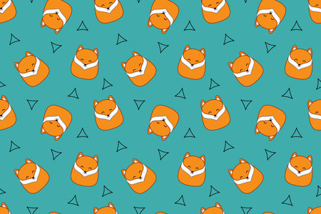 Cute seamless pattern with kawaii foxes. Squishmallow. Cute fox. Kawaii, vectorのイラスト素材