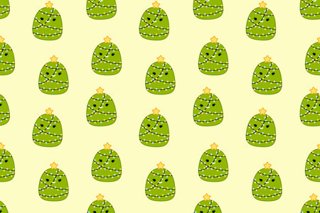 Christmas pattern with fir trees. Squishmallow. Christmas tree. Kawaii, Vectorのイラスト素材