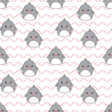 Sharks on seamless pattern. Squishmallow. Background with octopus. Kawaii, vectorのイラスト素材